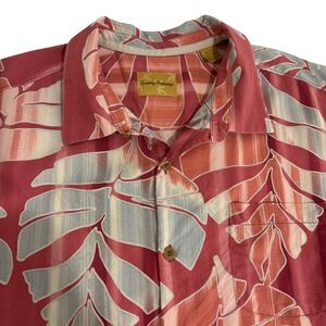 Tommy Bahama Silk Hawaiian Shirt Mens XL Coral Pink Tropical Leaf Button Down